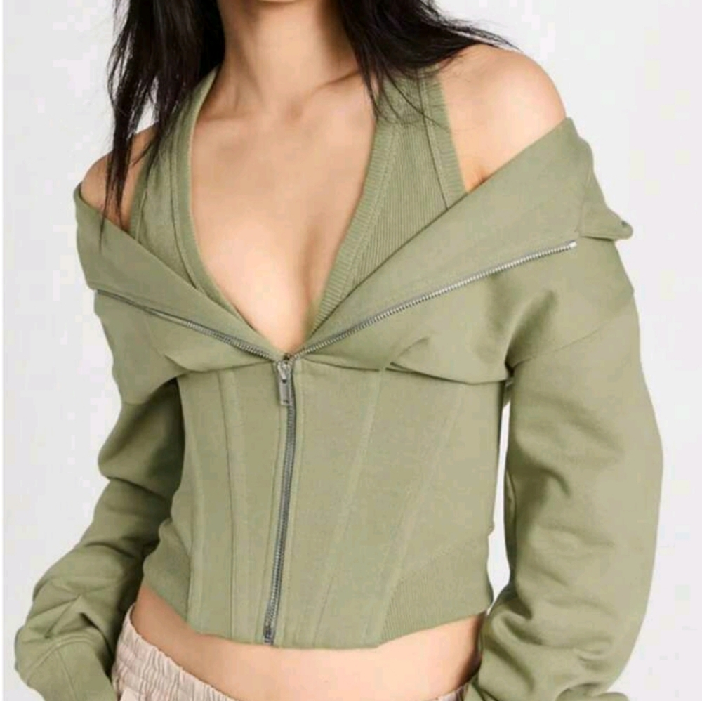 Womens Plain Casual Knitted Fabric    Zipper Corset Sweatshirt